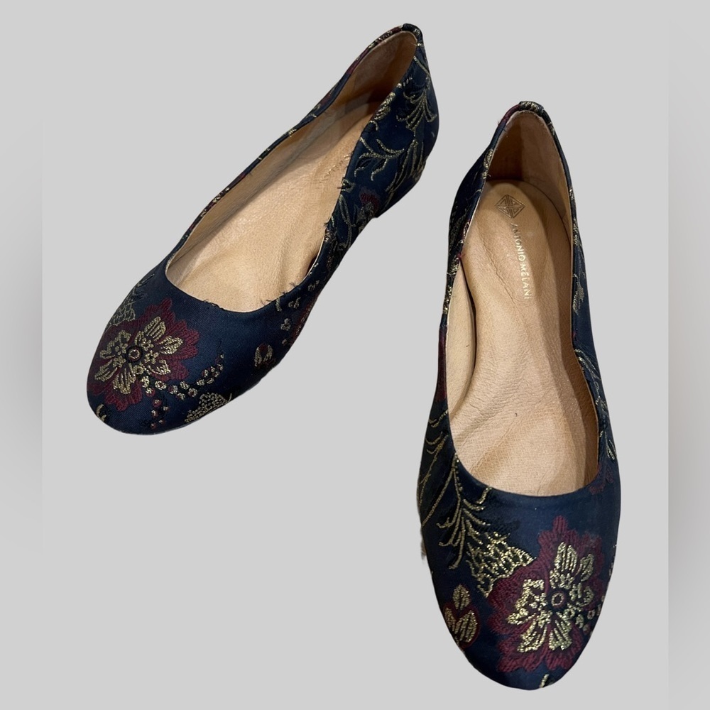ANTONIO MELANI satin jacquard navy with gold and burgundy flat shoes
